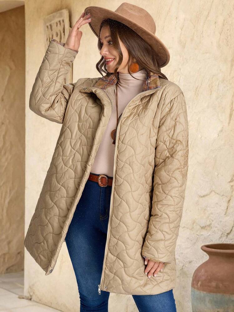 Casaco acolchoado e quente com zíper, em cor sólida, com recortes em xadrez, gola em pé e bolsos, para mulheres plus size, em estilo casual de outono/inverno, ideal para uso diário, lançamento 2025, simples e fashion