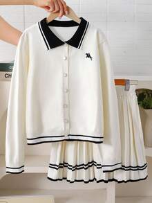 Sparklyn 少女毛衣套装，长袖有领开衫和条纹迷你裙，黑白色，适合春季、秋季、秋冬季 - 黑與白 - 查看 5