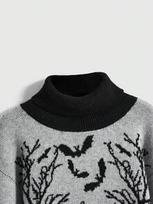 ROMWE Áo len dệt kim cổ lọ họa tiết mèo đen phong cách Halloween Gothic tương phản cổ điển dành cho nữ - màu đen - Xem 3