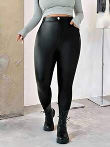 SHEIN EZwear Plus Size Women's Black PU Leather Leggings With Pocket,Autumn Kawaii Rave Party Halloween Gothic Witchy Night Out Solid Color Fall Winter Pants - Black - View 5