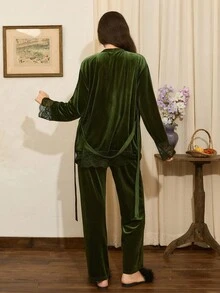 Côtesoire 3pcs Women's Elegant Romantic Lace & Velvet Camisole Top, Robe And Pants Sleepwear Set, Olive Green Green Pj Set Dark Green Pajamas, Winter Clothes - Green - View 2