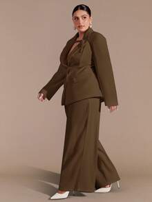 SHEIN BAE Plus Size Curve Autumn And Winter Elegant Commuter Business Party Big Woman Black Formal Waist Suit Jacket And Wide-Leg Pants Ladies Two Pieces Suit Business Casual Woman Suits For Woman Blazer Set Pants Suits For Woman Women Pants Suit Set Corporate Set Women Work Suits Woman Suit