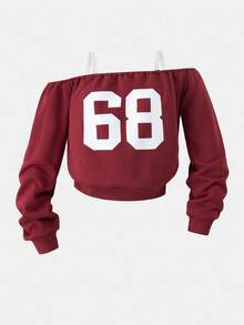 2pcs/Set Tween Girls' Off-Shoulder Sweatshirt And Loose Fit Sweatpants Casual Sports Suit, Autumn/Winter - Burgundy - View 4