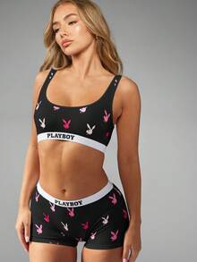 Missguided x Playboy Bunny Print Crop Top Bralette Boy Shorts Set Loungewear Breathable Sleep Intimates Holiday Gift - Black - View 6