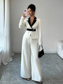 SHEIN Elenzya Elegant Contrast Collar Button Decor Blazer Jacket & Wide Leg Contrast Color Pants Women's Suit Set - Apricot - View 5