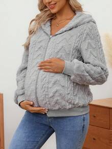 SHEIN Cómoda sudadera con capucha y cremallera de hombros caídos de franela, blusa de manga larga para maternidad - Gris Claro - Ver 1