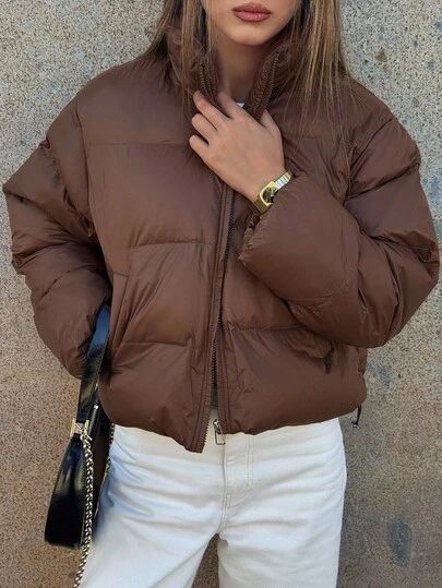 DAZY Women's Padded Coat, Loose Fit Short Casual Bomber Jacket, Maillard Color Winter