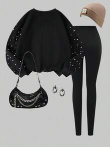 SHEIN 2 件套女式黑色套装，黑色串珠运动衫，带串珠领和袖子，黑色修身裤，时尚舒适的休闲母女装 - 黑色 - 查看 2