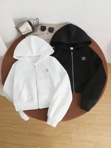 SHEIN 2件套 少女宽松休闲黑色连帽拉链卫衣 少女拉链卫衣 纯色卫衣 Y2K卫衣 青少年尺码卫衣 秋冬女童服装 - 彩色 - 查看 3