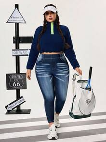 Flexra Plus Size Women's Lightweight Sporty Denim Jeans With Distressed Wash, High Stretch Skinny Fit