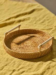 Cirelle 1pc Round Hand-Made Cane Storage Tray, Japanese Solid Color Wicker Decoration With Handle, Table Breakfast, Coffee, Drinks, Snacks Fruit Storage Tray, Suitable For Table And Home Desktop Decoration Best Gifts Birthday Plates Kitchen Accessories Kitchen Decor Trays Fruit Tray Tray Decor Graduation