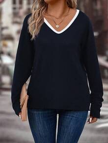 EMERY ROSE Camiseta básica de manga larga con cuello en V y bloques de color para mujer, talla grande, otoño/invierno - Azul Marino - Ver 4
