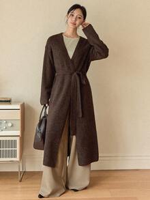 Dazy-Less Áo khoác cardigan dài dáng rộng, đơn giản, màu trơn, vai rớt, có thắt lưng dành cho nữ, thích hợp mặc hàng ngày đi làm, mùa thu/đông, phong cách công sở. - màu nâu - Xem 5