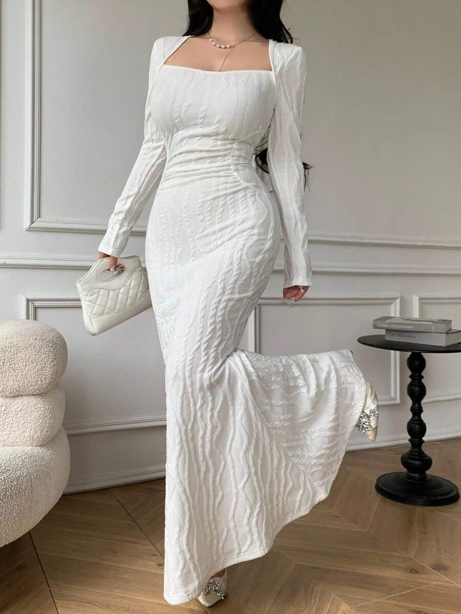 Celisse Damen Strukturiertes Strickkleid mit quadratischem Ausschnitt, Langarm, taillierter Taille und Meerjungfrau-Saum, elegant-Lässig, Herbst/Winter