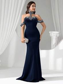 Formal Evening Gown (Heavily Embellished) - Navy Blue - View 5