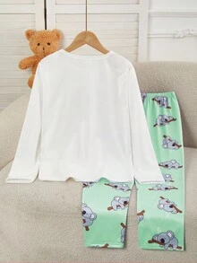 2 件套青少年女孩休闲睡衣套装 - 浅蓝色考拉印花裤和白色圆领长袖上衣 - 綠色 - 查看 2