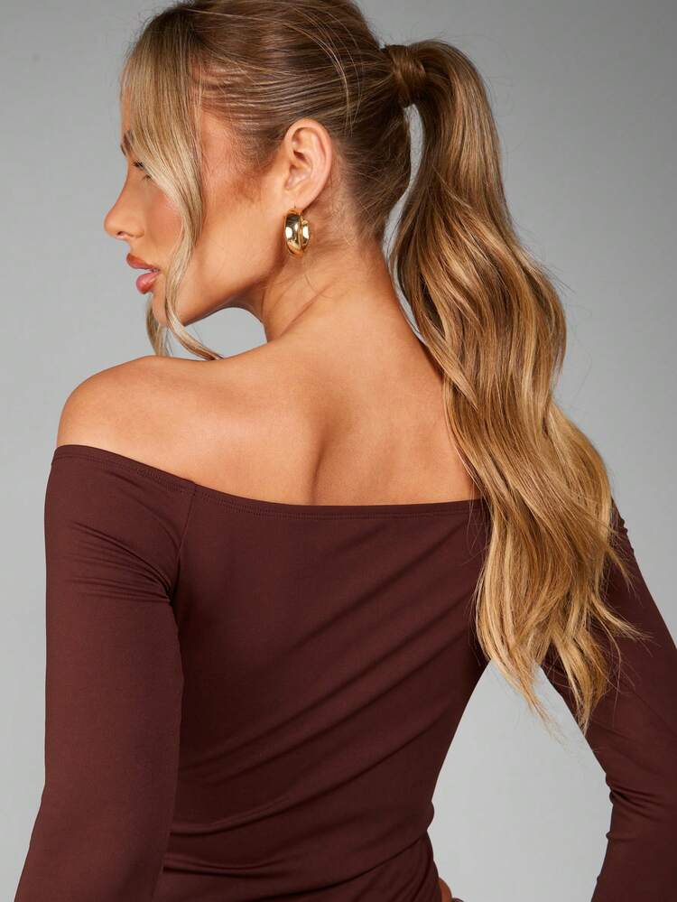 MISSGUIDED 긴팔 오프 숄더 바디수트 슬림핏 캐주얼 링 디테일 우아한 폼 피팅 가을 겨울 라운지 나이트 아웃 심리스 바디수트