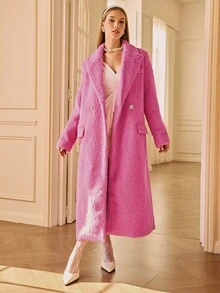 Aveloria Rosie Elegant Lady's Straight Shoulder Square Rhinestone Button Lapel Long Sleeve Long Wool Blend Coat - Pink - View 4
