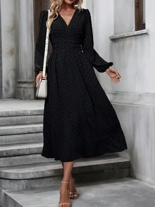 SHEIN Clasi Swiss Dot Surplice Neck Lantern Sleeve Ruched Waist Dress Maxi Women Outfit - Black - View 6