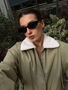 DAZY 女士休闲宽松版型飞行员夹克，人造毛领，长袖，带口袋，街头风格，秋冬女式外套 - 綠色 - 查看 8