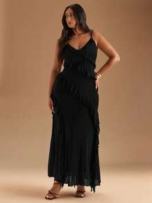 SHEIN BAE Đầm maxi cổ yếm in hoa họa tiết da báo thời trang mùa hè thanh lịch dành cho nữ cỡ lớn, thích hợp cho các buổi hòa nhạc, đi làm tốt nghiệp - màu đen - Xem 2