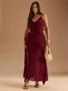 SHEIN BAE Đầm maxi cổ yếm in hoa họa tiết da báo thời trang mùa hè thanh lịch dành cho nữ cỡ lớn, thích hợp cho các buổi hòa nhạc, đi làm tốt nghiệp - Màu Đỏ Sâu - Xem 1