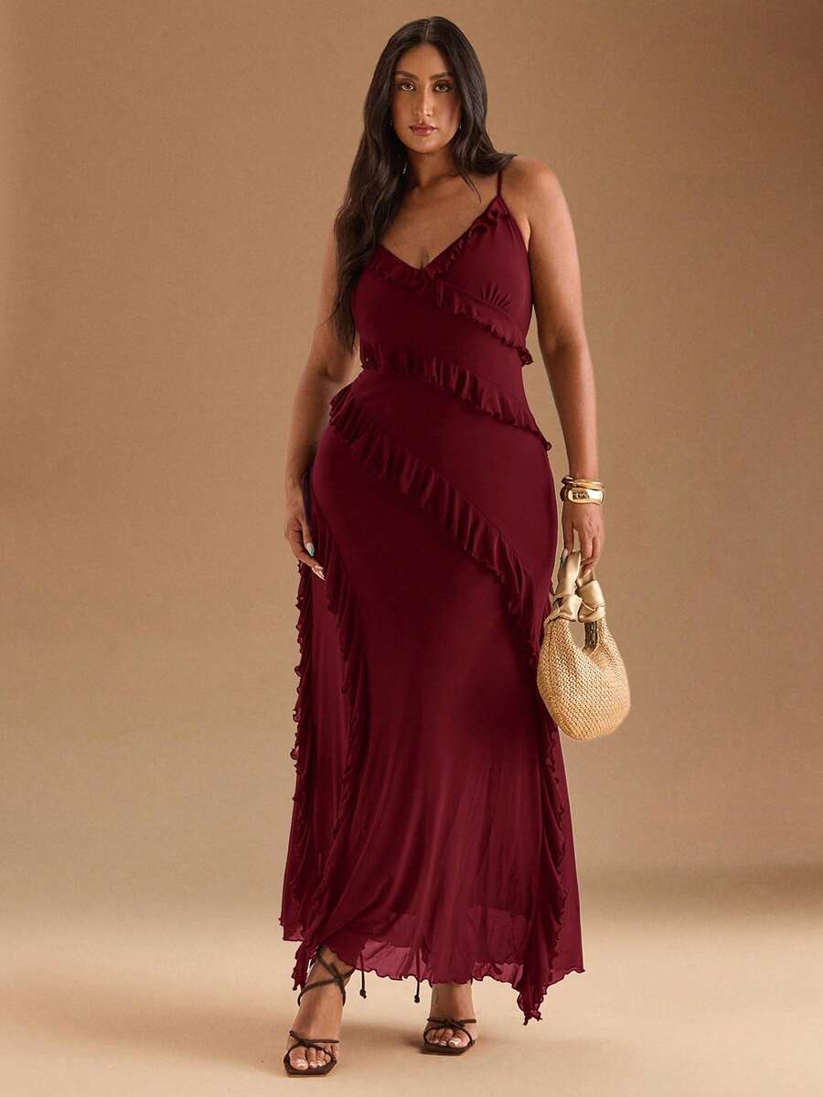 SHEIN BAE Đầm maxi cổ yếm in hoa họa tiết da báo thời trang mùa hè thanh lịch dành cho nữ cỡ lớn, thích hợp cho các buổi hòa nhạc, đi làm tốt nghiệp - Màu Đỏ Sâu - Xem 1