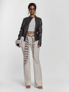 MUSERA Fitted Flare Denim Jeans With Cross Over Animal Print Tie Belt Sexy Going Out Autumn Fall Night Out Winter Cute Streetwear Feraux  Chic - Khaki - View 5