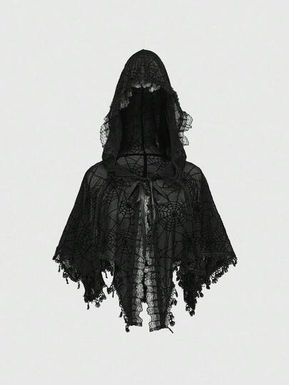Women's Gothic Black Spider Web Hooded Cape