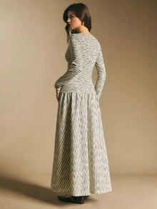 Poéselle 女式条纹船领长袖纽扣设计休闲连衣裙 - 灰色 - 查看 2