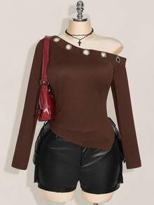 SHEIN ICON 大码斜肩金属扣眼装饰针织长袖上衣，秋季Y2K复古时尚针织毛衣 - 棕色 - 查看 1