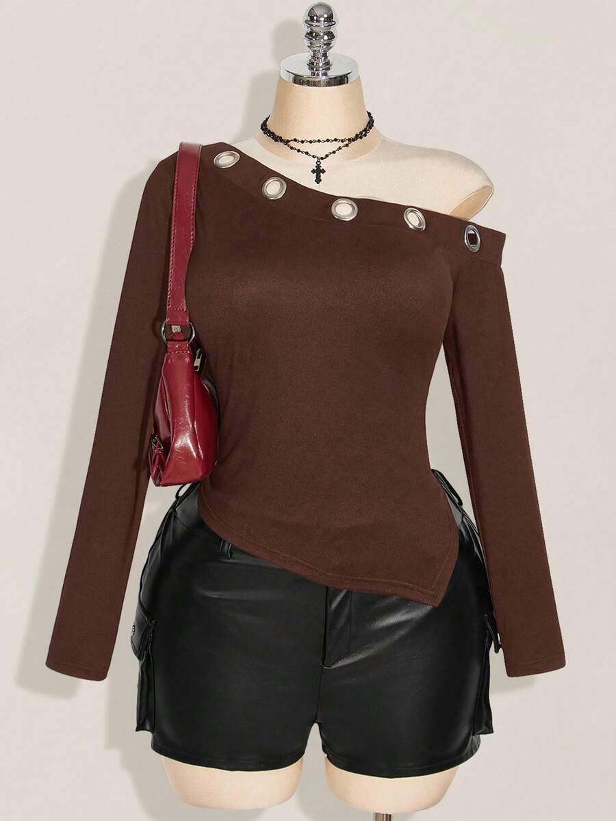 SHEIN ICON 大码斜肩金属扣眼装饰针织长袖上衣，秋季Y2K复古时尚针织毛衣 - 棕色 - 查看 1