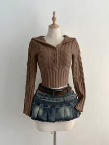 Elamini Casual Versatile Solid Color Cable Half-Zip Sweater - Brown - View 5