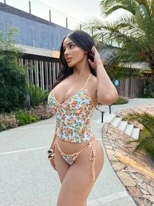 Shopreo Set de 2 piezas de ropa de playa con estampado de limón, camiseta de tirantes a rayas y bikini ajustable - Multicolor - Ver 3