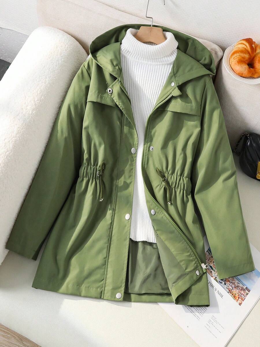 Tween Girls Casual Fashionable Minimalist Hooded Long Drawstring Waist Versatile Jacket, Suitable For Spring/Autumn Daily Wear And Outings - Army Green - View 1
