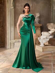 Aureia 优雅奢华刺绣蕾丝钻石珍珠贴花缎褶美人鱼长裙 V 领长袖礼服，适合婚礼、派对、度假、庆典、正式活动（重度装饰） - 綠色 - 查看 5