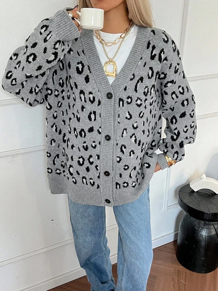 Women's V-Neck Leopard Print Loose Casual Streetwear Cardigan
