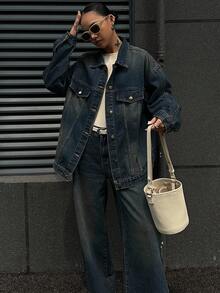 DAZY Women's Loose Denim Jacket With Collar And Straight-Leg Denim Pants Casual Denim Set - Medium Wash - View 5