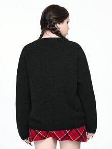 ROMWE Chandail ample de style gothique avec motif de lune et de croix pour Noël, grande taille. Chandail à manches longues pour l'automne/hiver pour femmes de grande taille. Chandail ample à motif de chat, de lune et d'étoiles gothique mignon pour femmes de grande taille. Chandail pour femmes de grande taille - Noir - Voir 3
