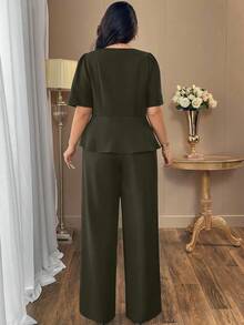 Auvina 大码女式休闲优雅方领纯黑色衬衫 + 高腰阔腿裤时尚套装，通勤装搭配宽松长直筒裤 - 橄欖綠 - 查看 2