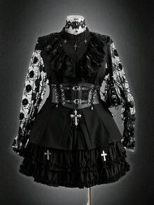 Sunspun 大码万圣节主题撞色蕾丝纯色长袖衬衫 - 黑色 - 查看 1