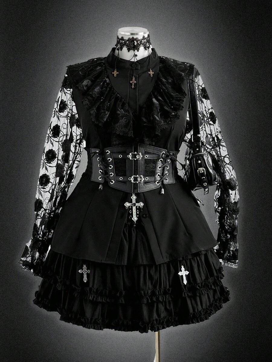 Sunspun 大码万圣节主题撞色蕾丝纯色长袖衬衫 - 黑色 - 查看 1