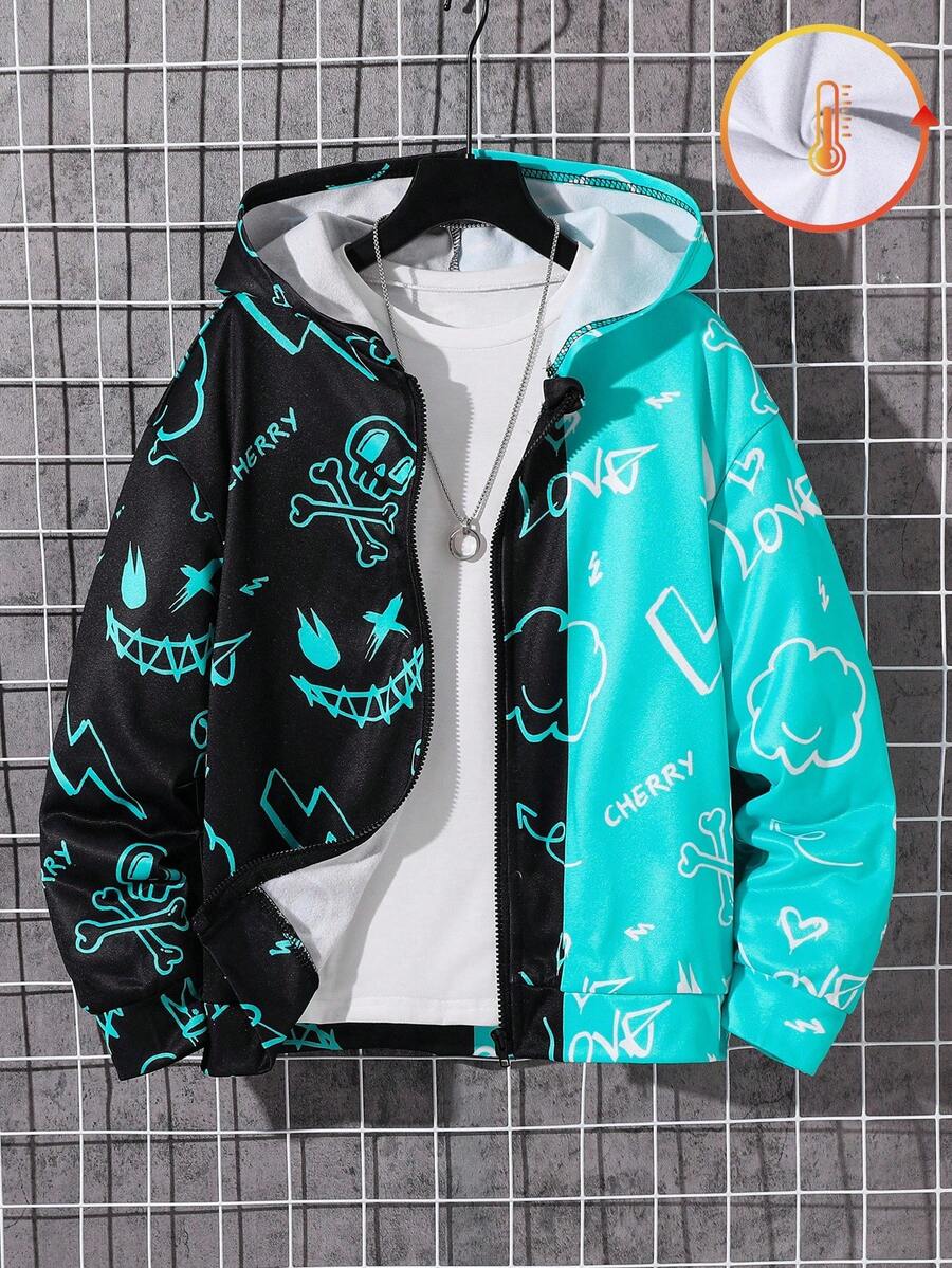 SHEIN 儿童/青少年男童休闲街头风格蜘蛛网和蜘蛛印花连帽拉链厚针织夹克,红色和黑色,适合通勤、上学、日常休闲、旅行、运动、春夏/秋冬 - 黑色 - 查看 1