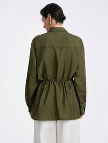 Aalyst Women's Elegant French Style Luxury Casual Shirt Dress, Minimalist Design, Suitable For Party, Vacation, Workplace, Lightweight, Solid Military Green, Shirt Collar, Front Opening, Pockets, Waist Drawstring, Flared Hem, Long Sleeve, Maxi Length, Spring/Autumn/Winter