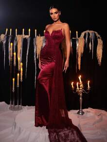 Glamrae Elegant Luxurious Lace Patchwork Elastic Satin Ruched Fishtail Skirt, Suitable For Weddings, Parties, Vacations, Balls, Formal Occasions (Heavy-Duty) - Burgundy - View 4