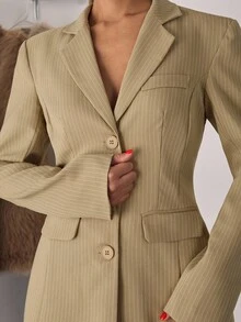 SHEIN BAE Áo khoác blazer nữ đơn giản, cổ khoét chữ V, cài một hàng khuy, mùa thu - Màu vàng - Xem 4