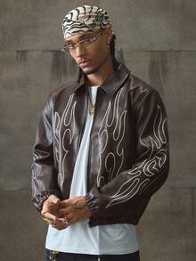 AXEPEAK Men's Autumn Flame Pattern Long Sleeve Zip-Up Casual PU Leather Jacket, For Fall Winter - Bronze - View 6