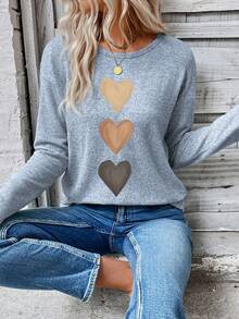 EMERY ROSE 女士心形印花圆领长袖休闲百搭大码T恤，秋冬新品畅销款 - 藍色 - 查看 6