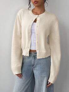 SHEIN Tall CURVE 大码休闲纯色圆领长袖宽松短款女式毛衣开衫，秋冬女装，轻薄开衫，披肩开衫，流行女装，中性女装