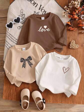 SHEIN 3pcs/Set Infant/Toddler Girls' Casual Cute Leopard Bow, Love Letter, Heart Graphic Long Sleeve Knit Crew Neck Pullover T-Shirts, Suitable For Spring, Autumn, Winter, 6M-3T Baby Girl Clothes With Bow For Fall Neutral Baby Clothes Unisex Brown Baby Clothes Mocha Baby Clothes
